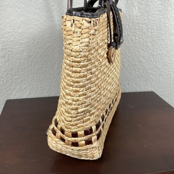 Brighton Straw Raffia Woven Handbag Brown Croc Double Strap Tote Shopper Tan - Picture 5 of 16